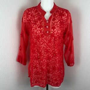 Red Georgette Sheer Chikankari Kurti Top
